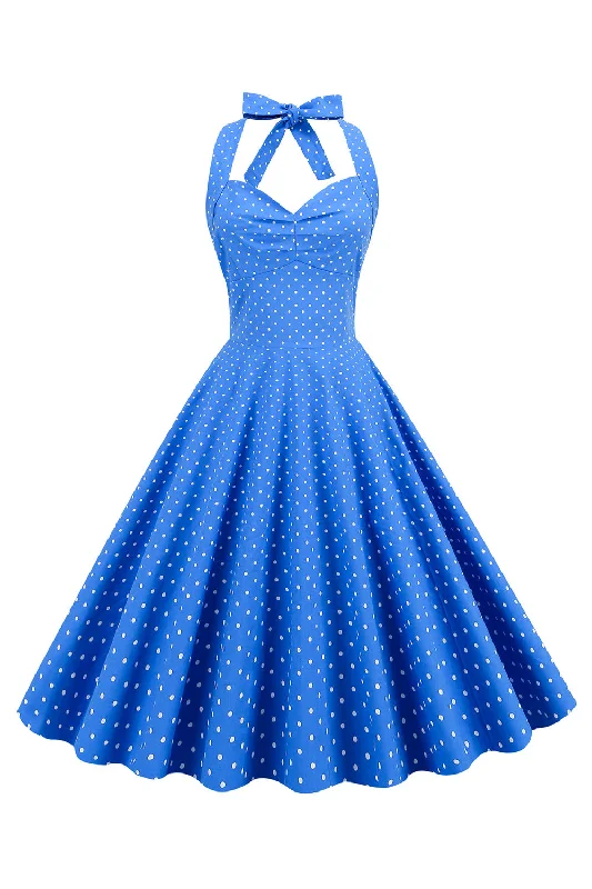 Halter Neck Blue Polka Dots Vintage Dress with Backless