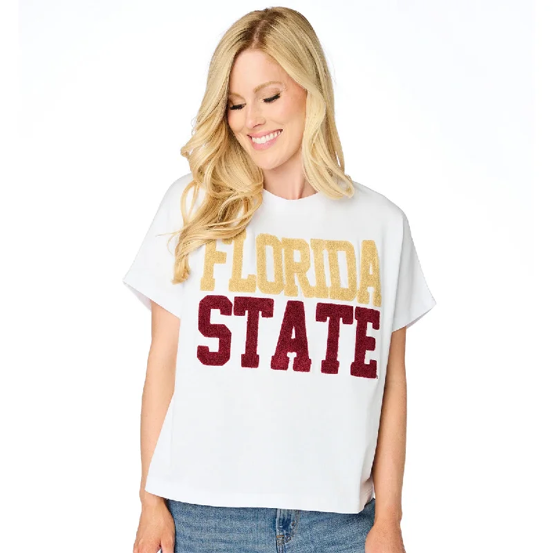 Stewart Simmons Women's Chenille Florida State French Terry Boxy Short Sleeve T-shirt - White