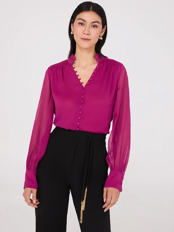 Nehru Collar Button-Front Chiffon Blouse