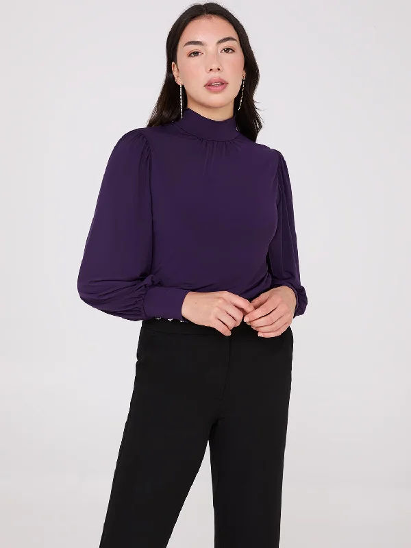 Long Balloon Sleeve Mock Neck Blouse