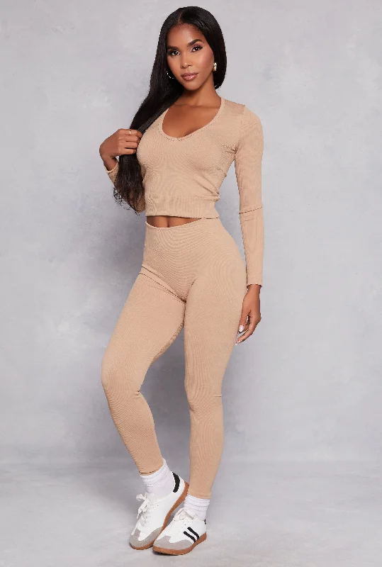 Seamless Ribbed Knit Long Sleeve Top and Leggings Set