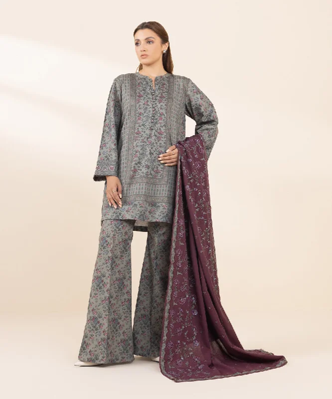 3 Piece - Embroidered Cotton Satin Suit