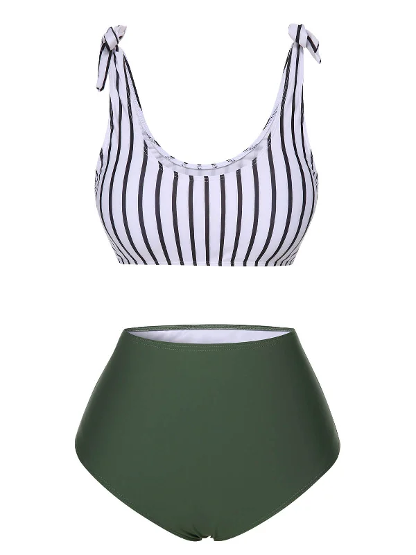 White & Green 1930s Stripe Shoulder Tie Swimsuit